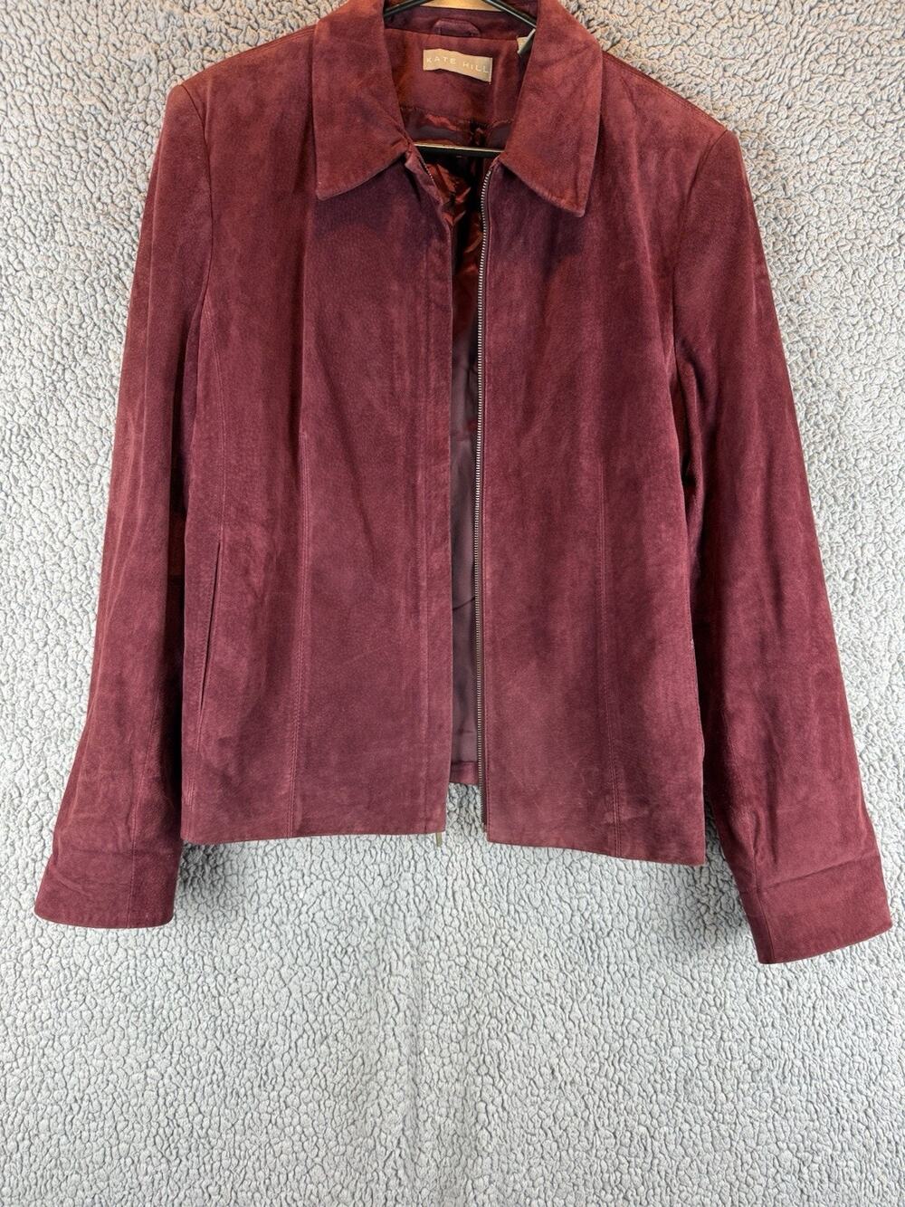 Vtg Kate Hill Burgundy Suede Leather Zip Front Jacket Womens Sz 14 Minimalist